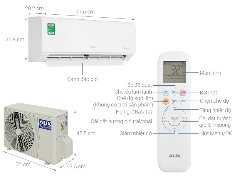 Điều hòa Aux 12000btu AW13CAA4DI-3VN, 1 chiều inverter